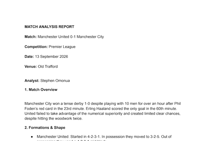 professional football match analysis report